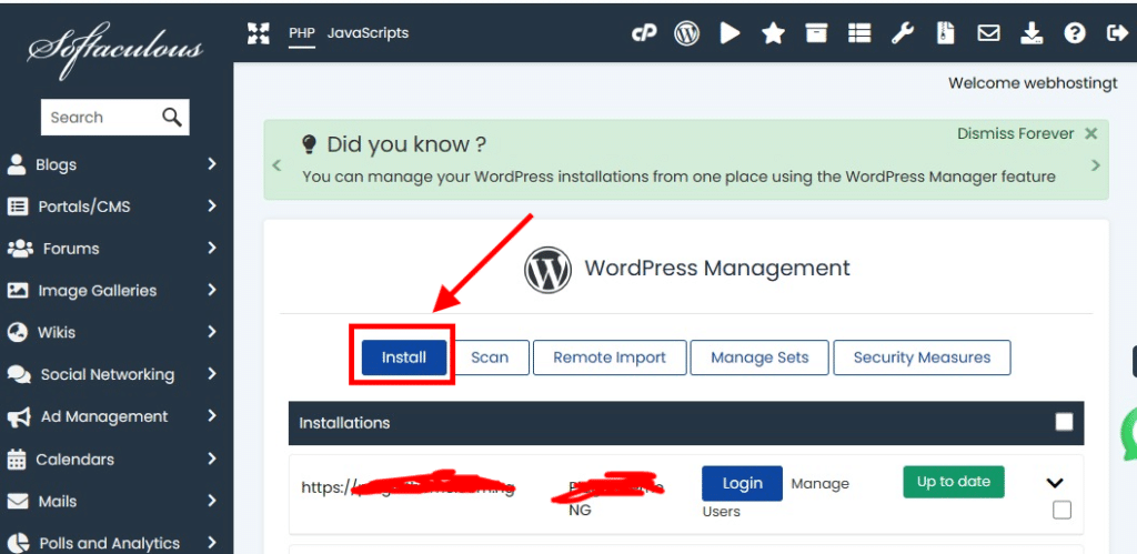 WordPress management screen in cpanel, showing how to install wordpress