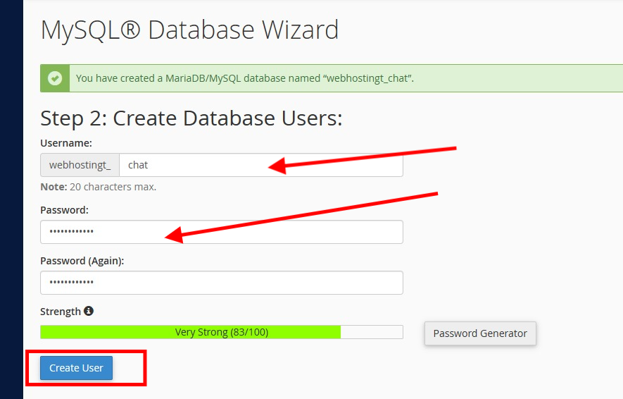 Creating database user and password 